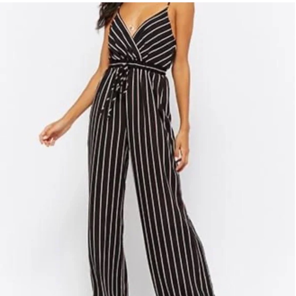 ANOTHER STORY Striped Wide Leg Jumpsuit Black White Size XS